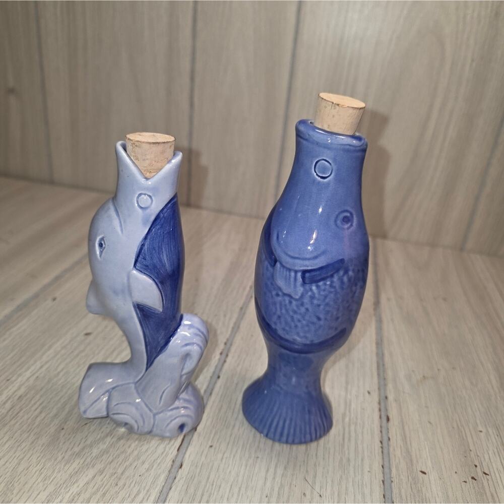 Vtg Fish Potion Bottles Vases Ceramic Pottery Shelf Sitters Decanters Blue